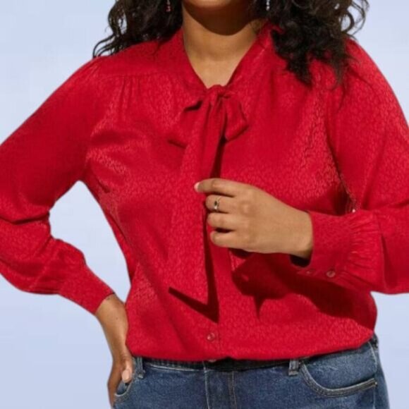 Torrid Satin Jacquard Tie Neck Button Up Blouse - Size 3X - Picture 1 of 8